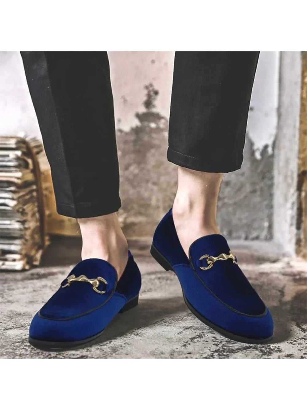 Mens Royal Blue Velvet Glitter Suede Gold Bit Slip On Loafer Slipper Dress Shoes